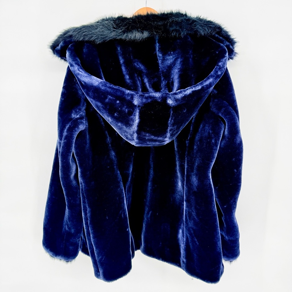 Dennis Basso Midnight Navy Blue Faux Fur Coat Jacket Hooded Plush Womens M Lux - Picture 5 of 16